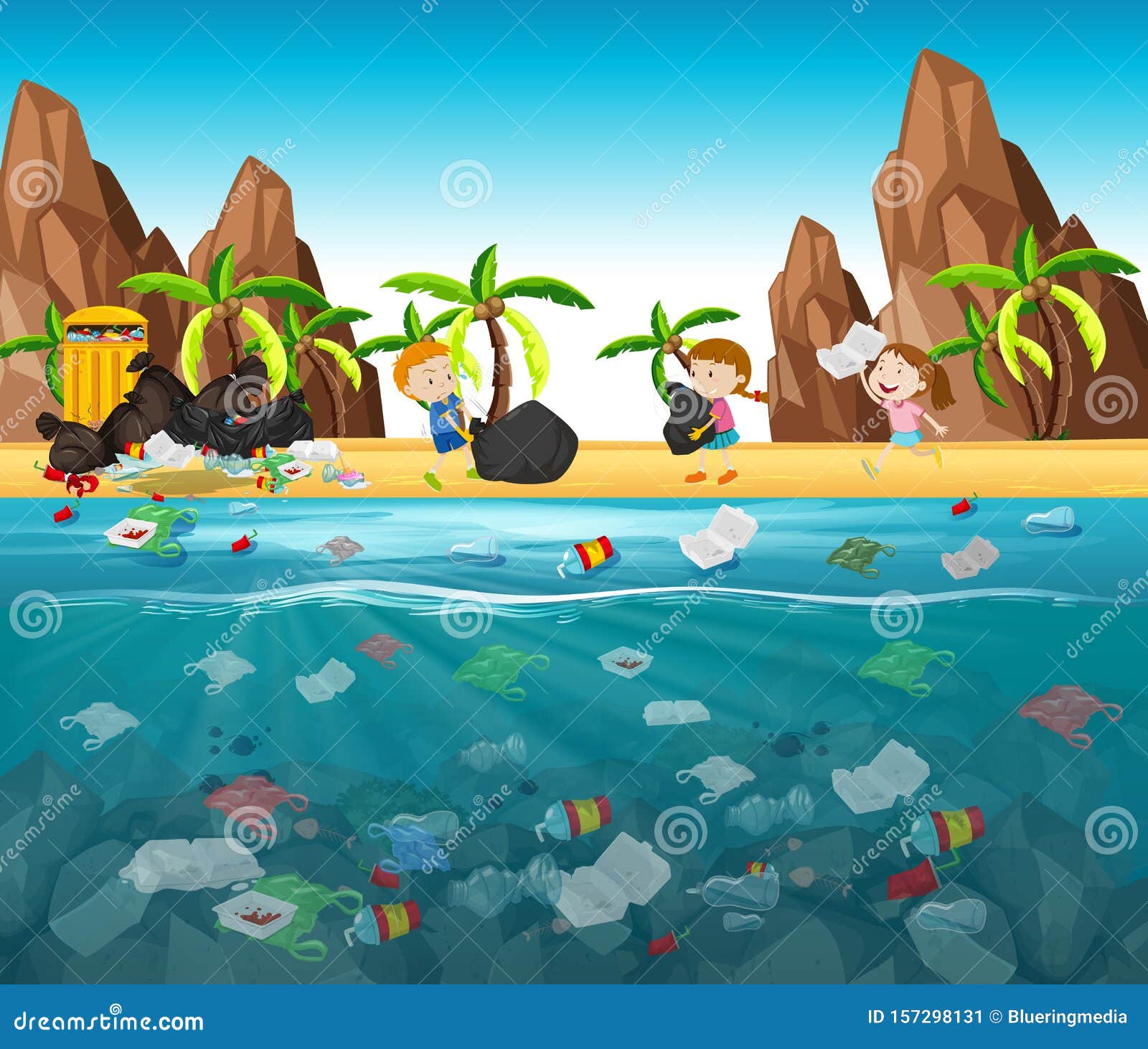 Water Pollution with Plastic Bags in Ocean Stock Vector - Illustration ...