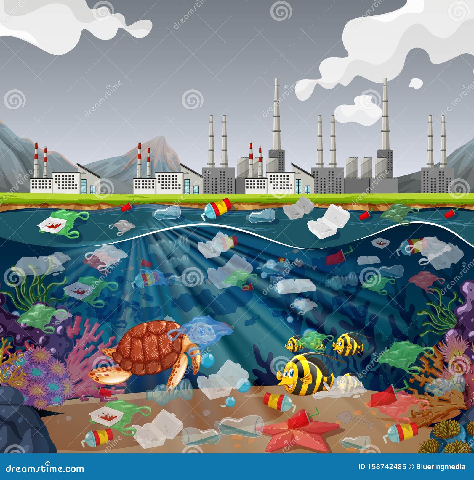 Water Pollution with Plastic Bags in Ocean Stock Vector - Illustration ...