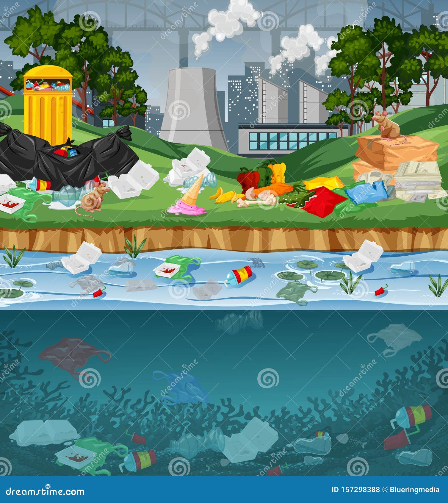 Water Pollution with Plastic Bags in Park Stock Vector - Illustration ...
