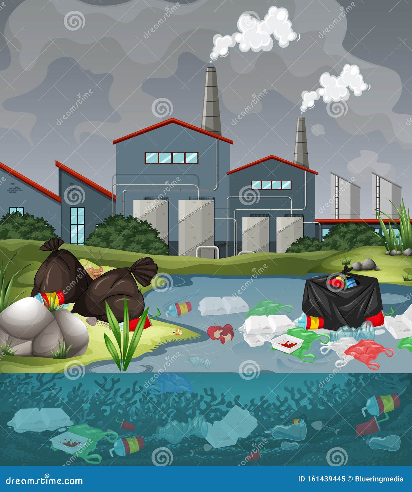 Water Pollution with Plastic Bags in River Stock Vector - Illustration ...