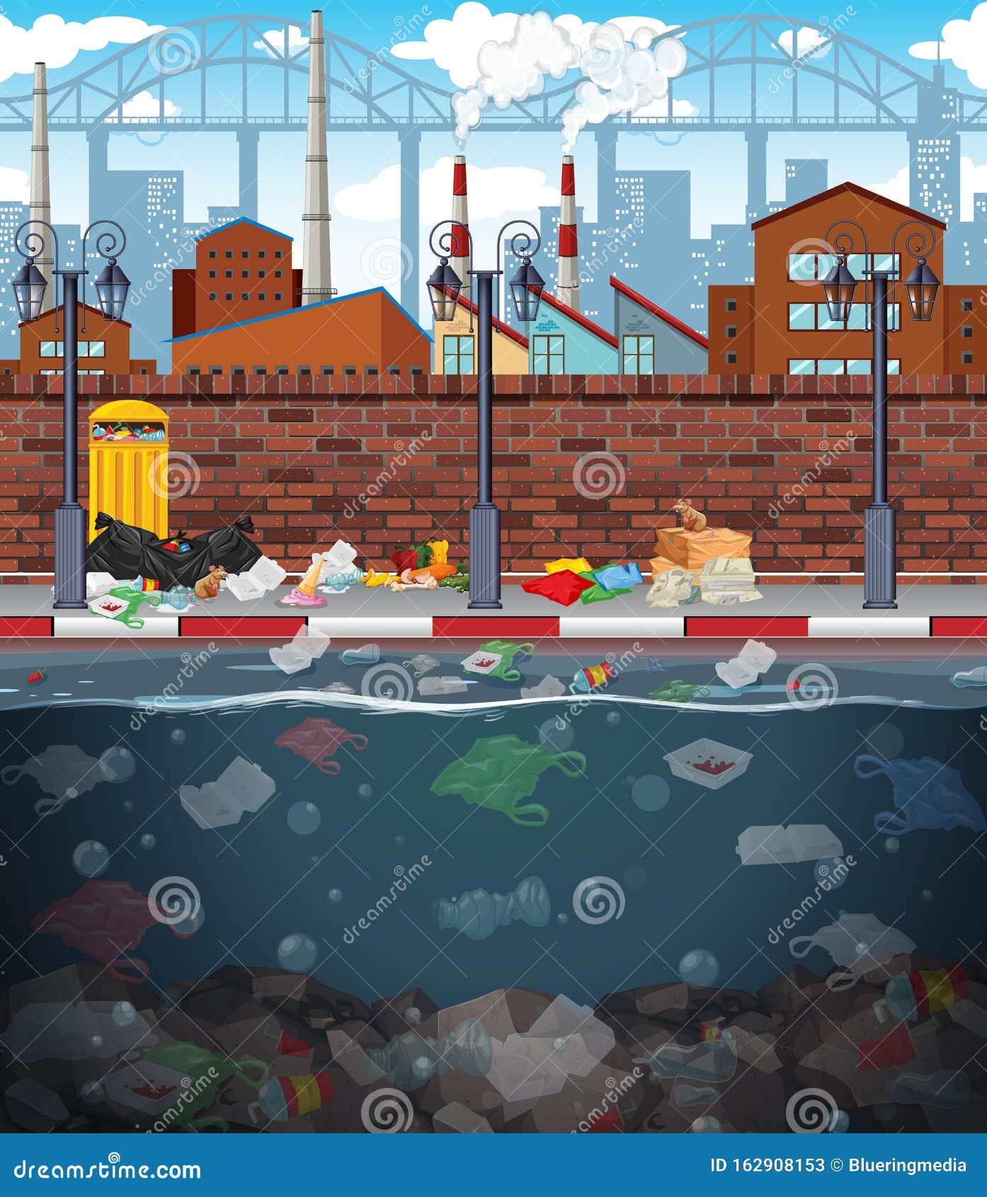 Water Pollution with Plastic Bags in River Stock Vector - Illustration ...