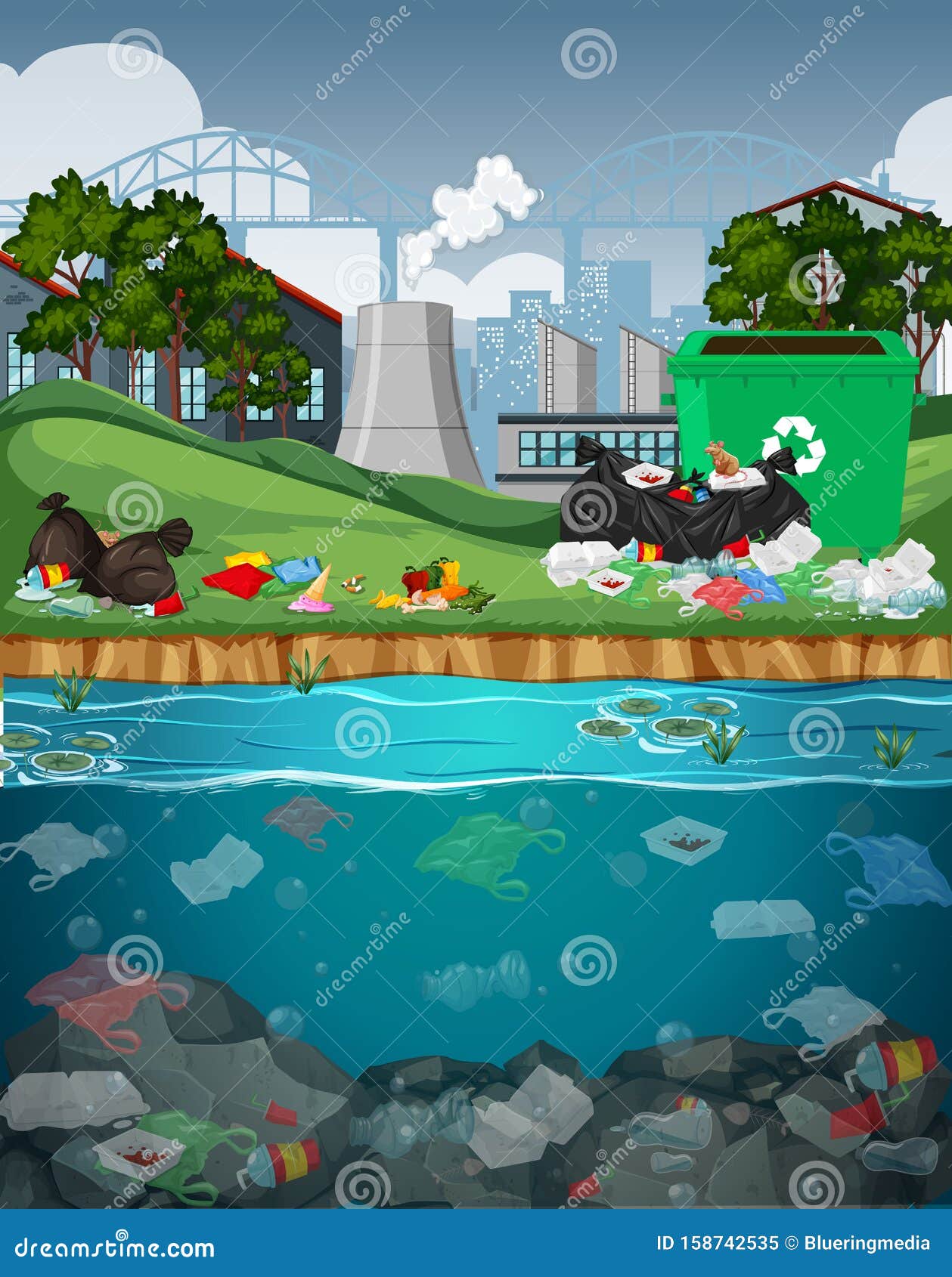 Water Pollution with Plastic Bags in River Stock Vector - Illustration of  sciences, graphic: 158742535