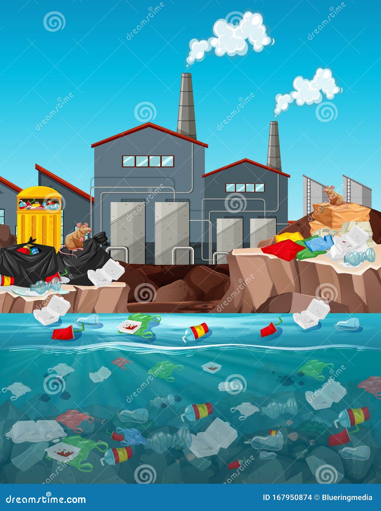 Water Pollution with Plastic Bags in River Stock Vector - Illustration ...