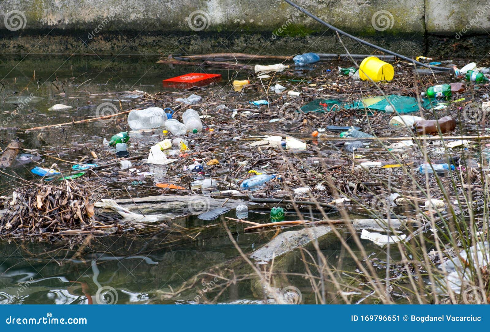 Water Polution. Plastic and Other Residues Thrown into the Water. a