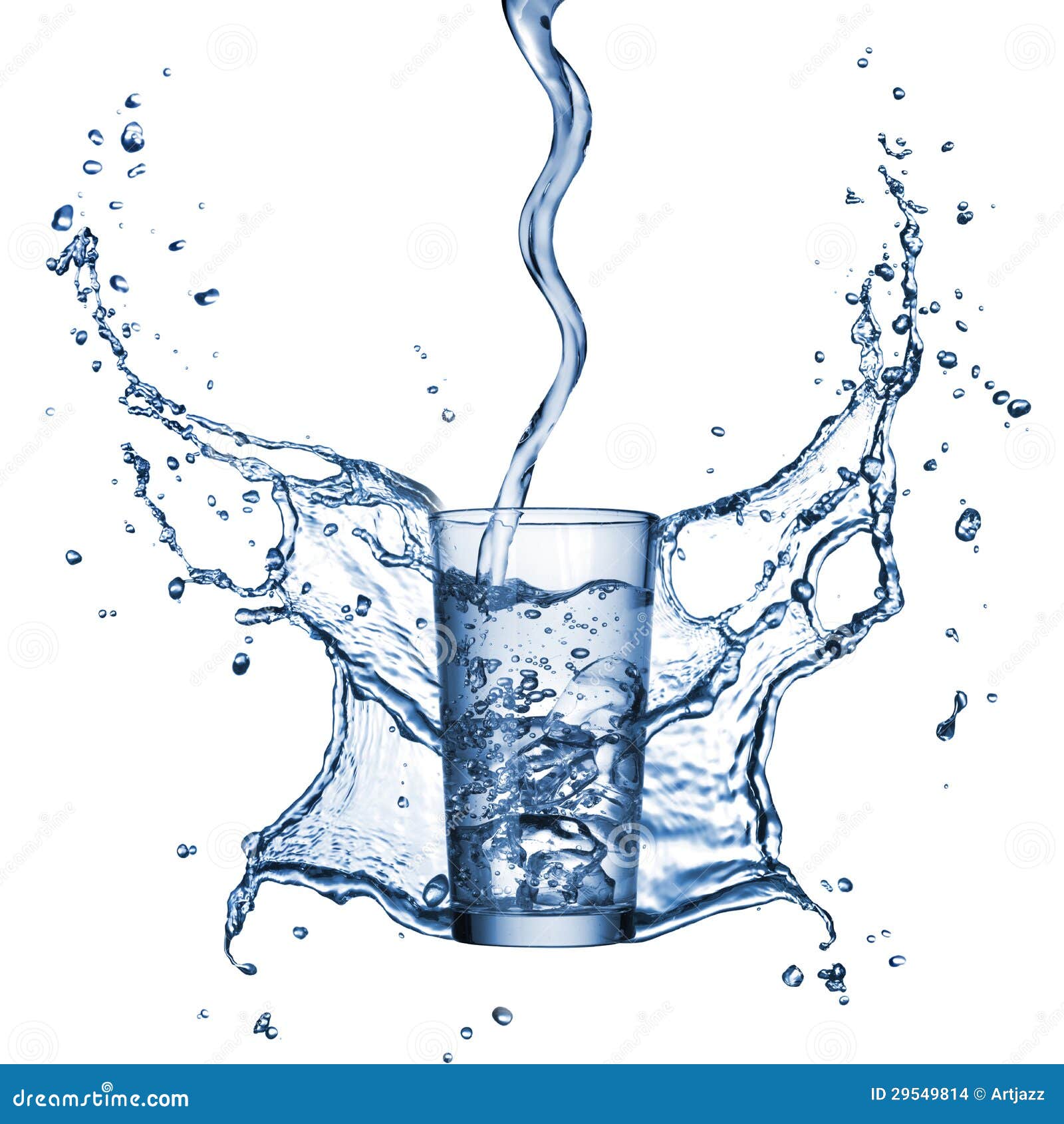 Water Pouring into the Glass with Splash Isolated on White Stock Photo