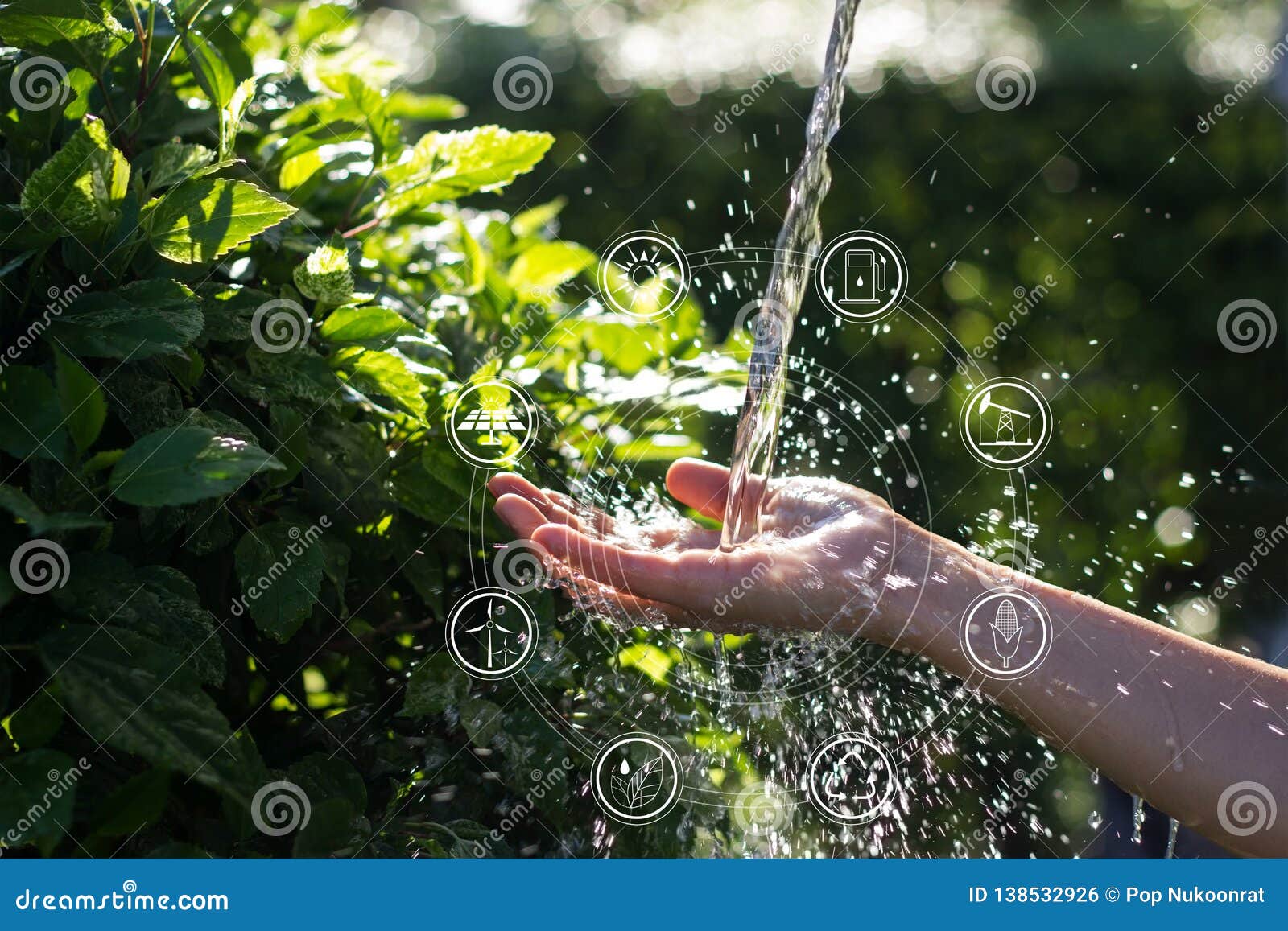 water pouring in woman hand with icons energy sources for renewable, sustainable development. ecology