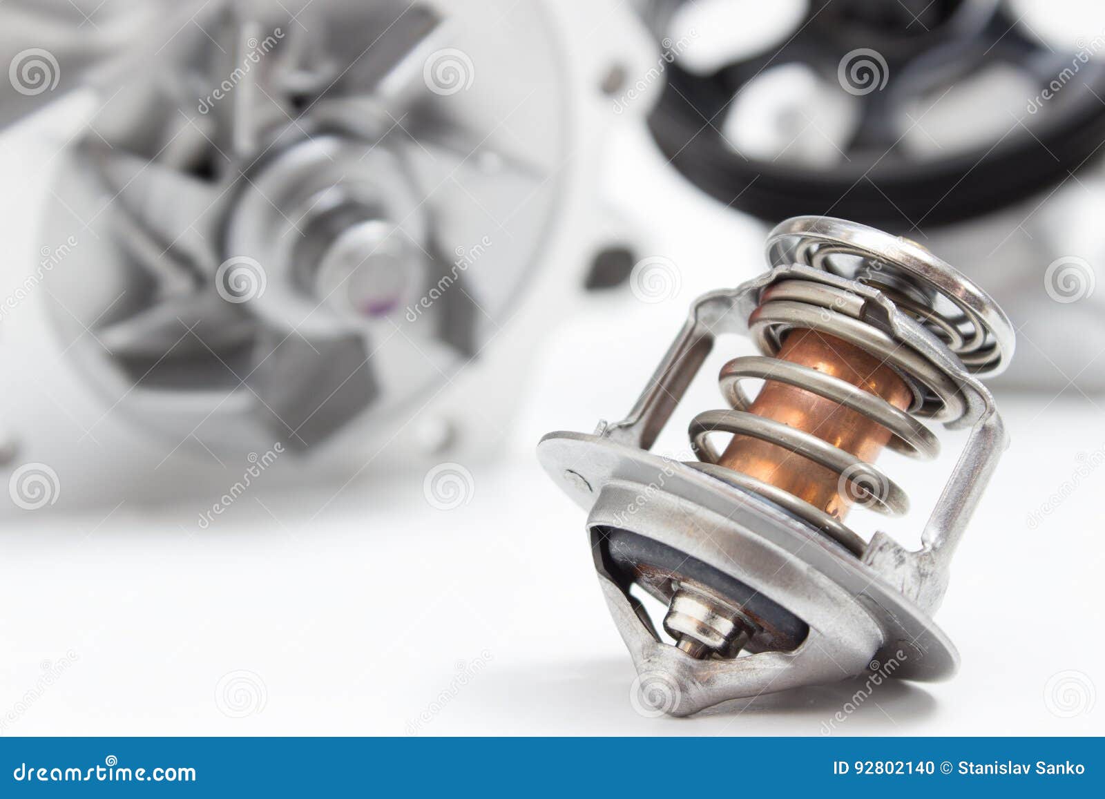 Water pump and thermostat stock photo. Image of metallic 92802140