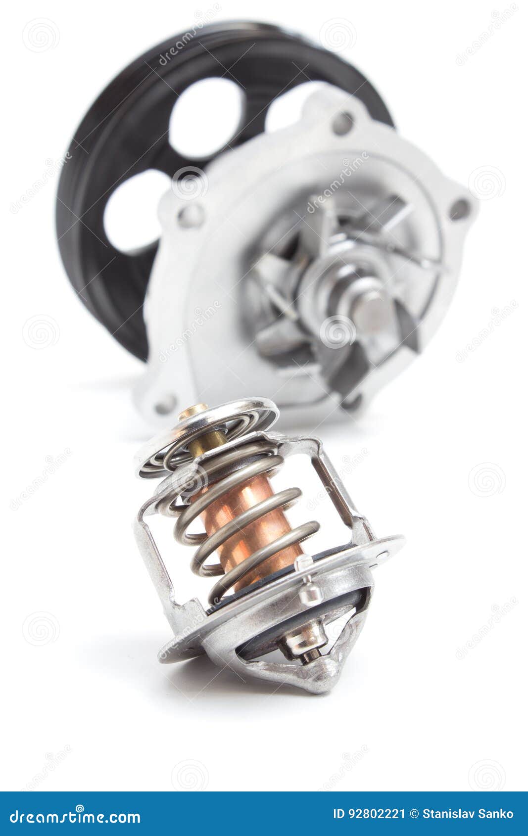 Water pump and thermostat stock image. Image of pomp 92802221
