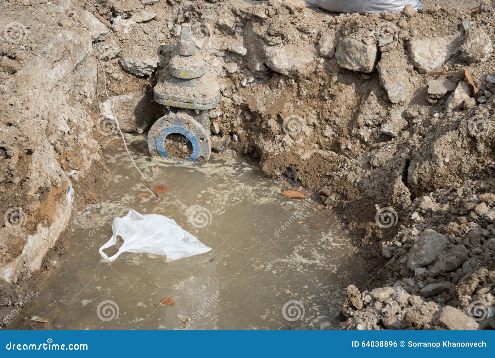 Water PVC Plastic Pipes in Ground during Plumbing Construction Stock