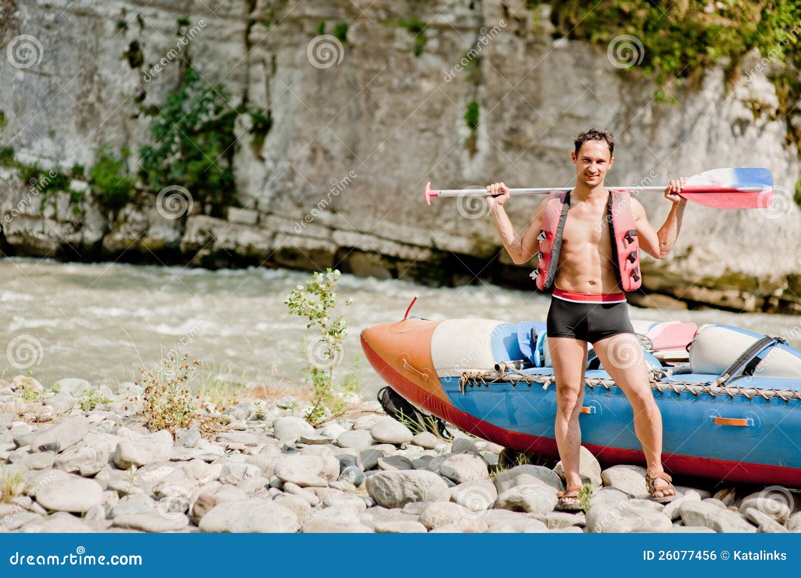Water Rafting, Young Man And Raft Boat Royalty Free Stock 