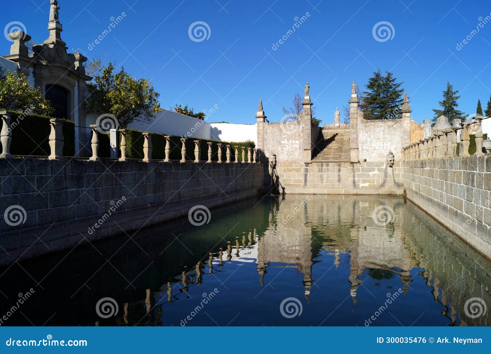 water reservoir with cascade fountain in the garden of the episcopal palace, jardim do paco, castelo branco, portugal