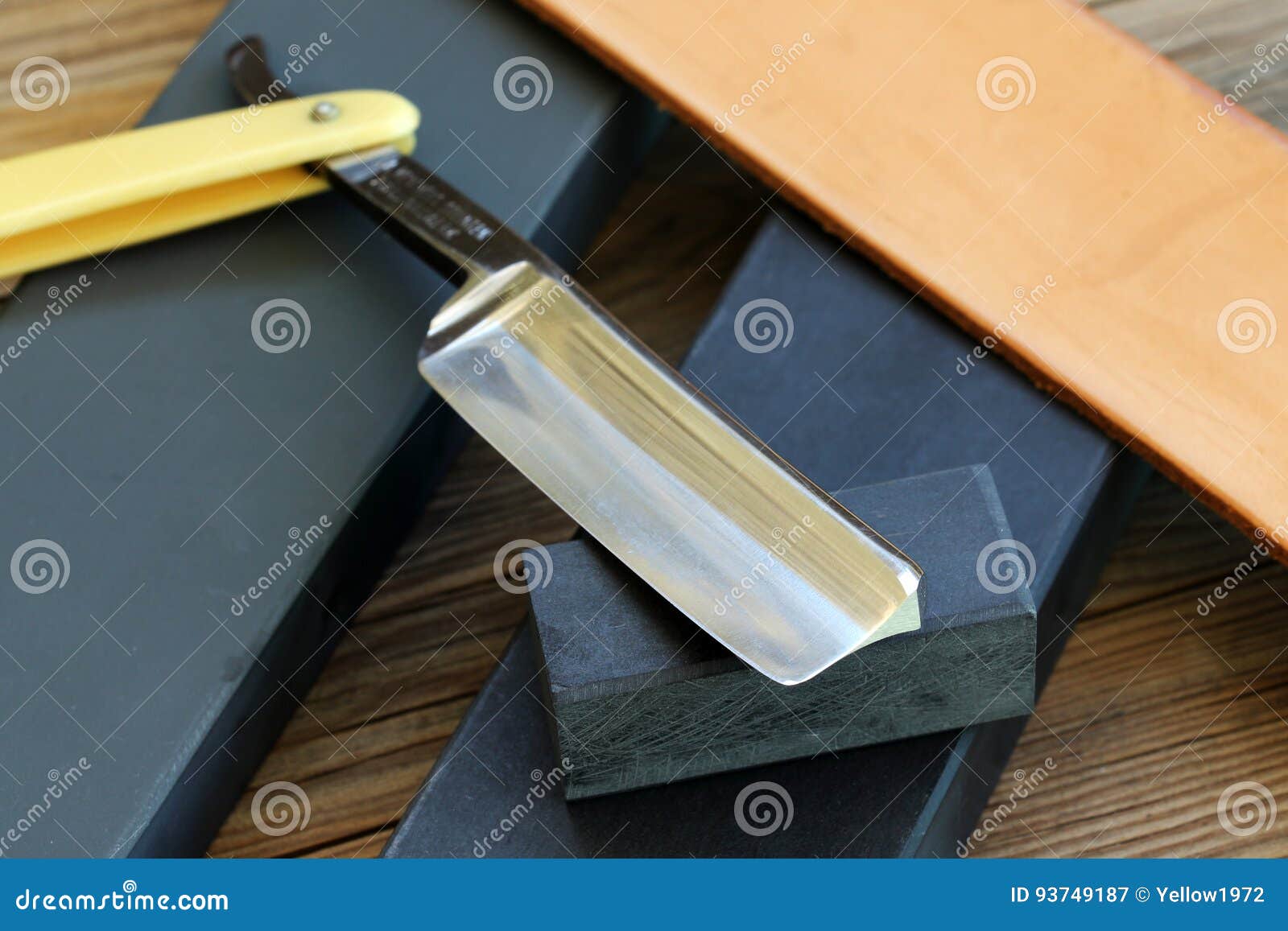 Water Sharpening Stones, Leather Strop and Cutthroat Razor Stock Image