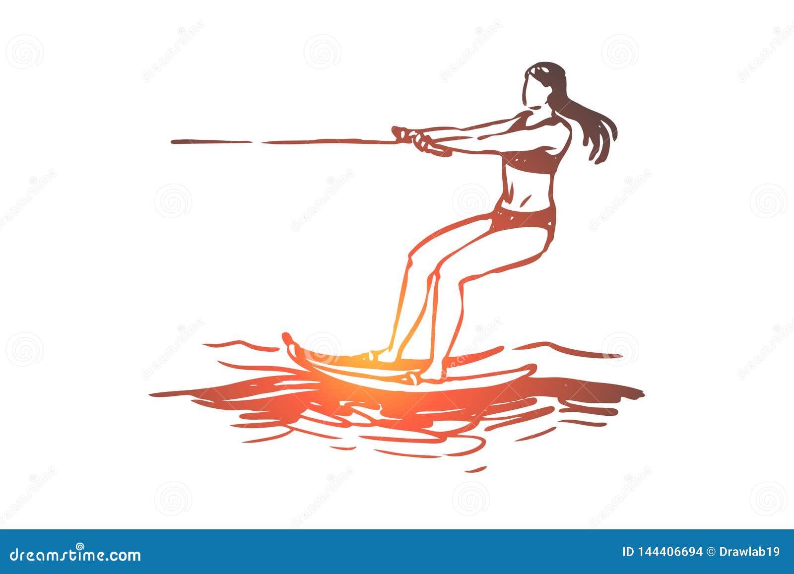 Water Skiing, Sea, Summer, Water, Activity Concept. Hand Drawn Isolated
