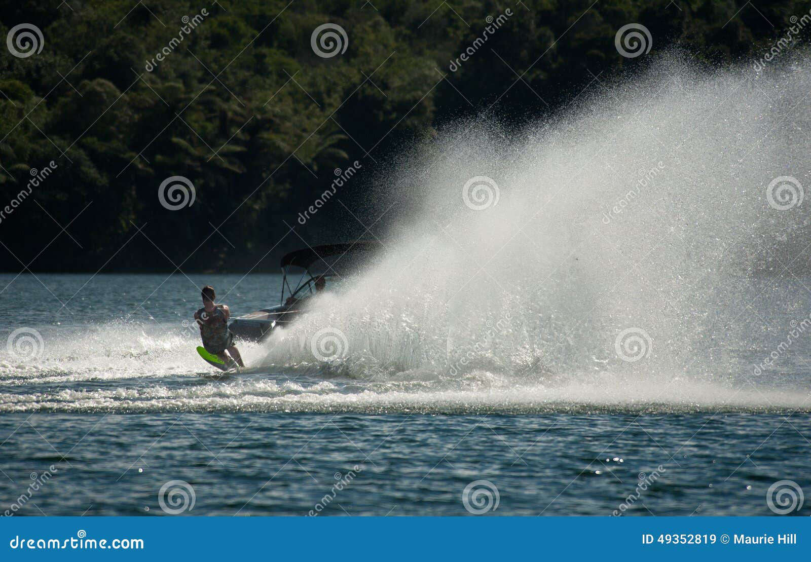 Water Skiing Slalom Action Skier Single Ski Waterskier Rounding Ball Course Throws Up Huge Wall Spray 49352819 