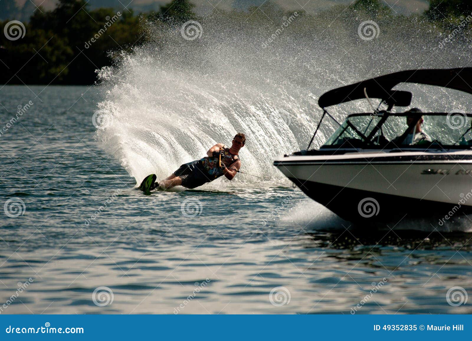 Water Skiing Slalom Action Skier Single Ski Waterskier Rounding Ball Course Throws Up Huge Wall Spray Boat 49352835 