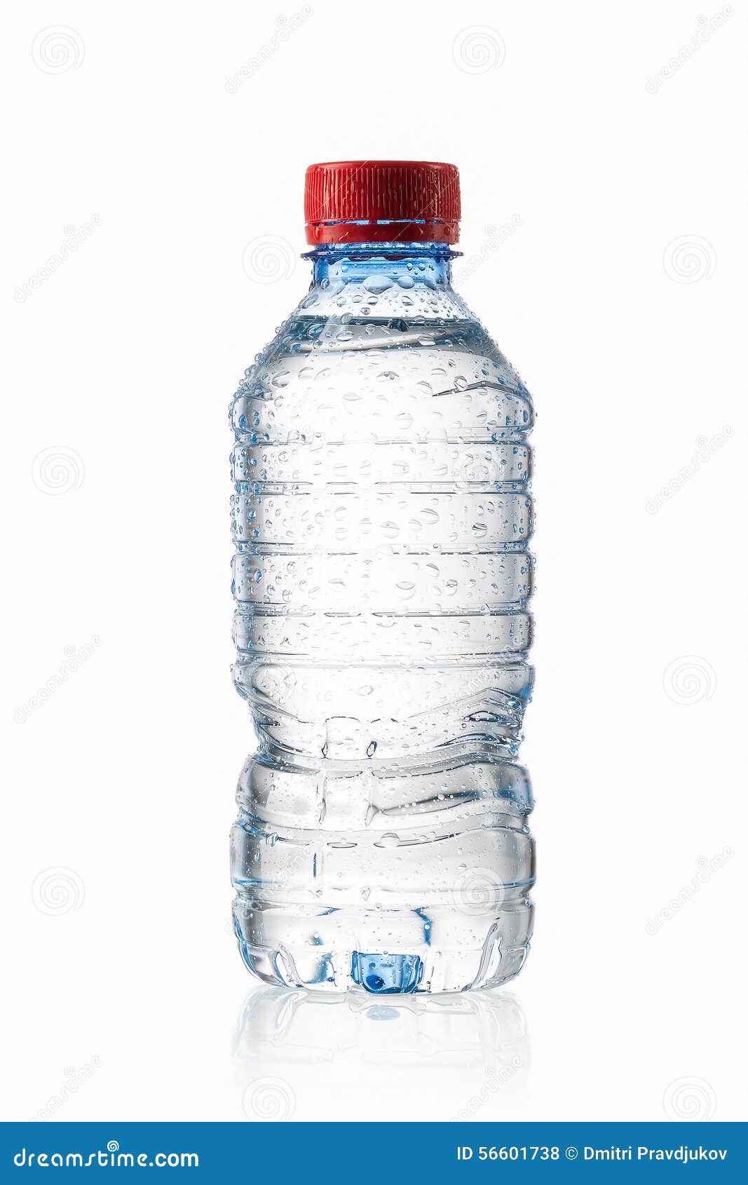 Water. Small Plastic Water Bottle With Water Drops On White Back Stock