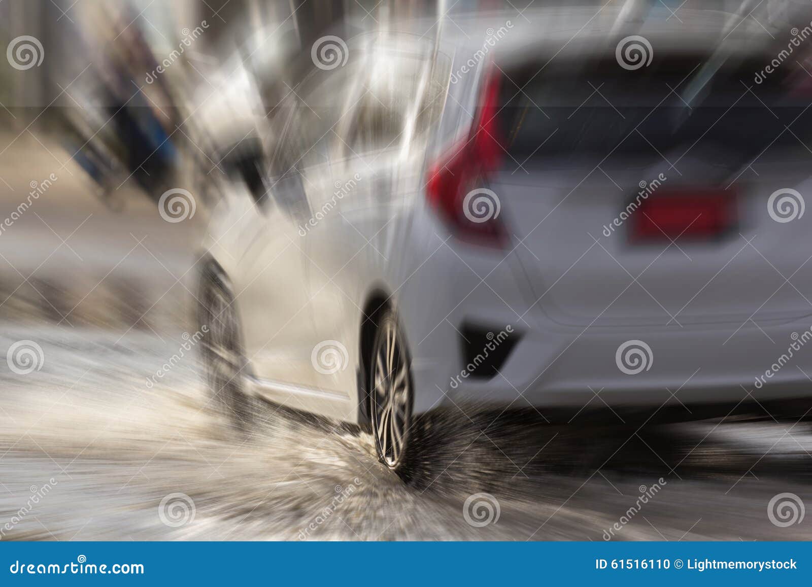 Water Splash with Car on Flooded Road after Rains Stock Photo Image