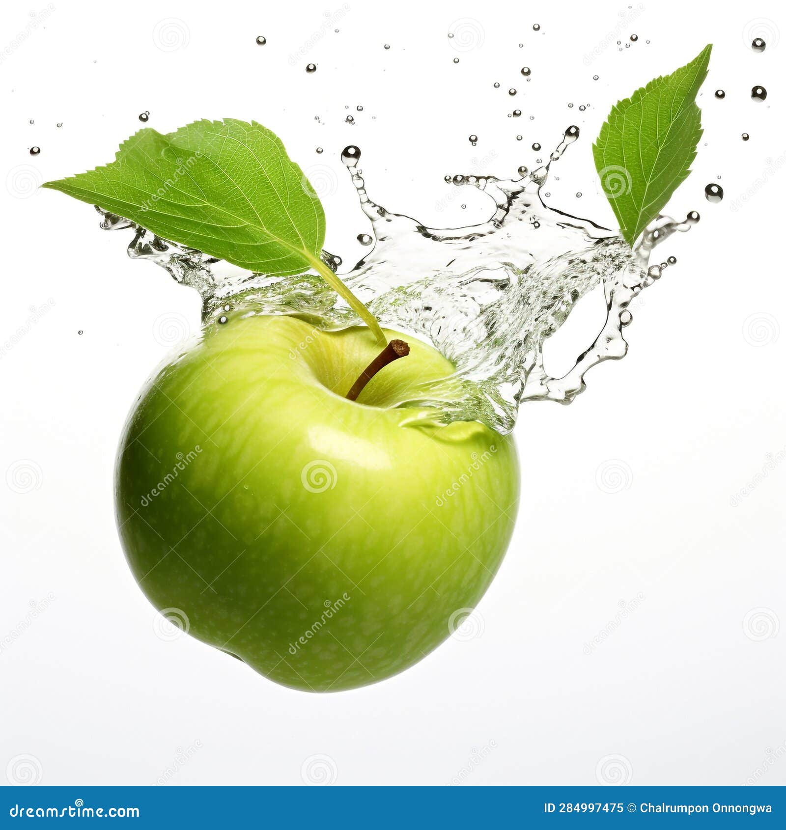 Water Splashing on Fresh Green Apple by Generative Ai Stock