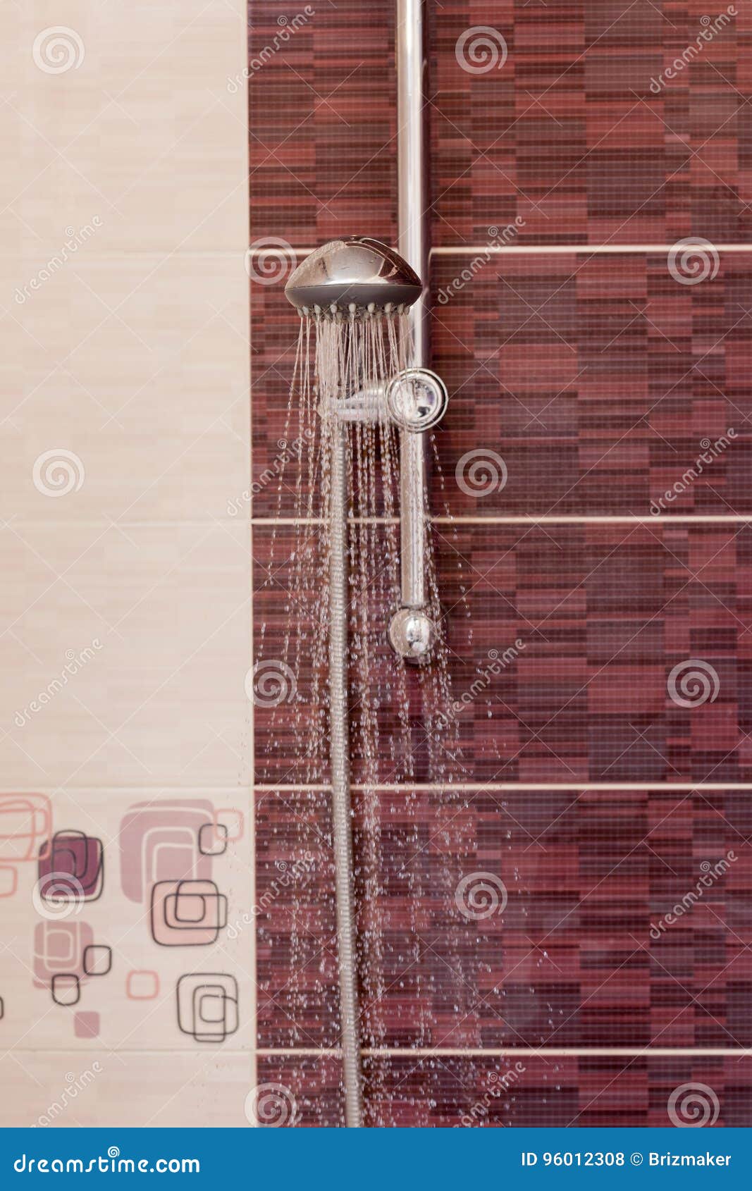 Water Streams Flow Out of Working Shower Head Right Down Stock Photo
