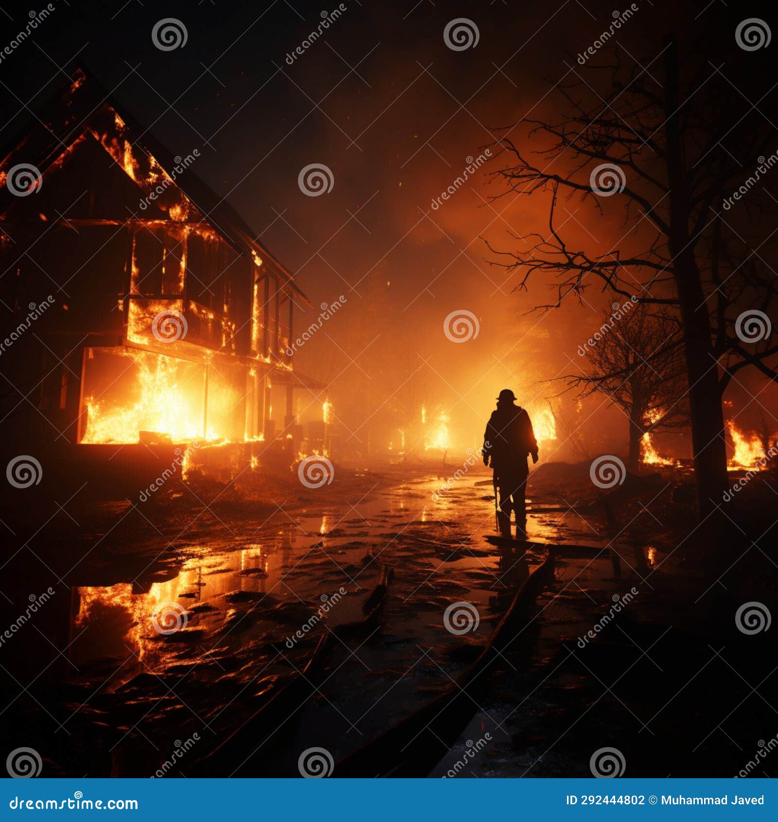 water streams onto burnt structure, firefighter quelling the smoldering aftermath of destruction