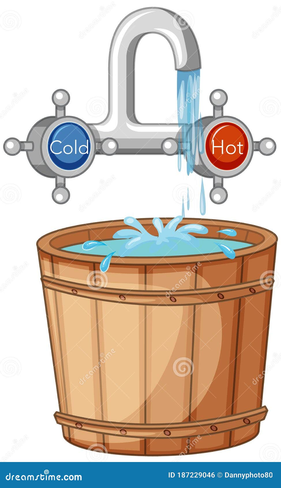 Water Tap Hot and Cold and Bucket of Water Cartoon Style Isolated Stock