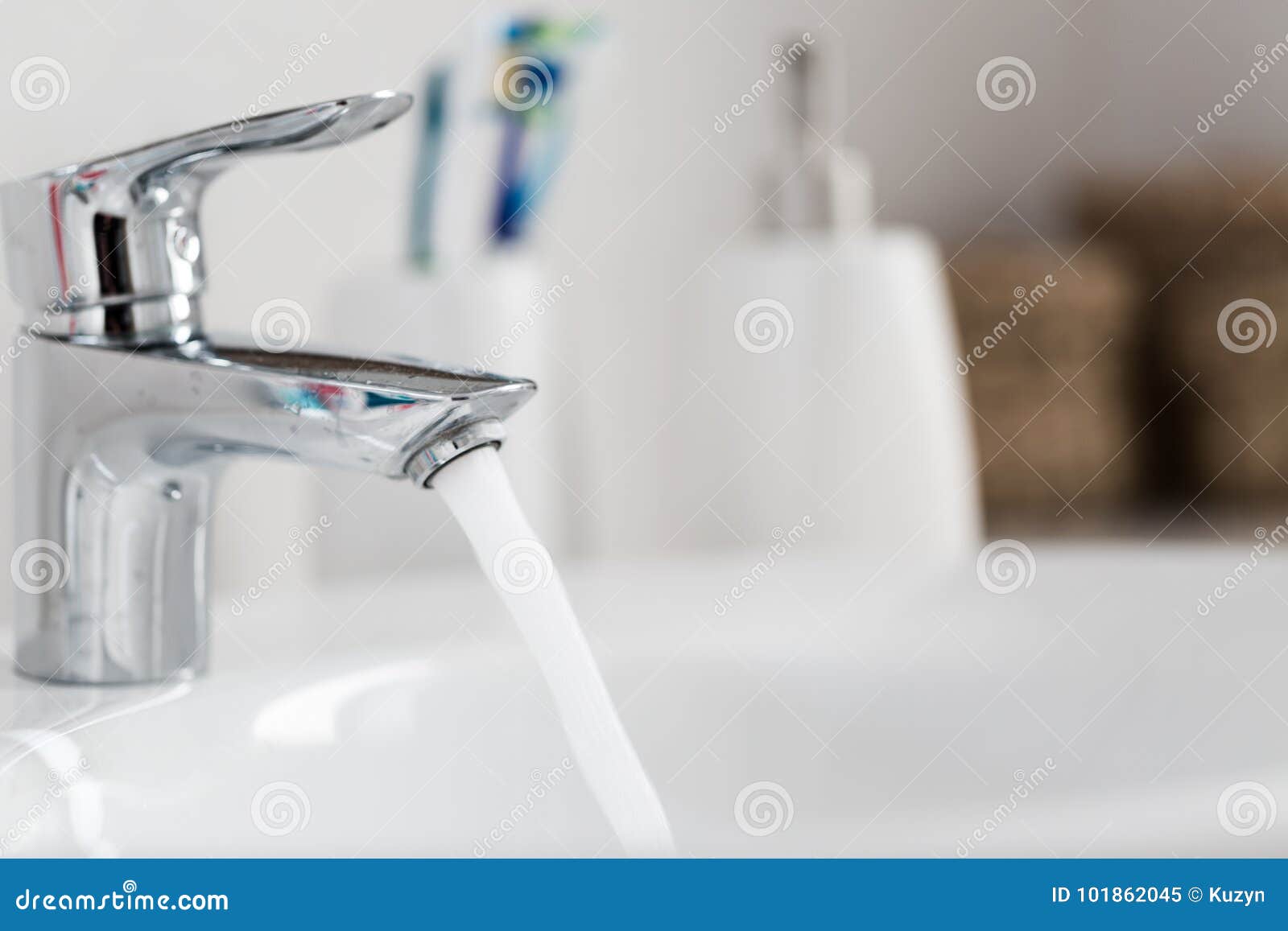 Water Tap with Turned on Water in Modern Bathroom Stock Image Image