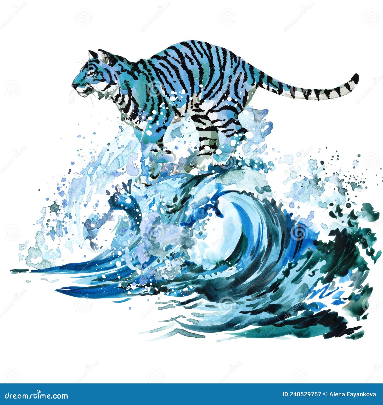 Water Tiger. Watercolor Illustration of a Blue Tiger and Sea Wave
