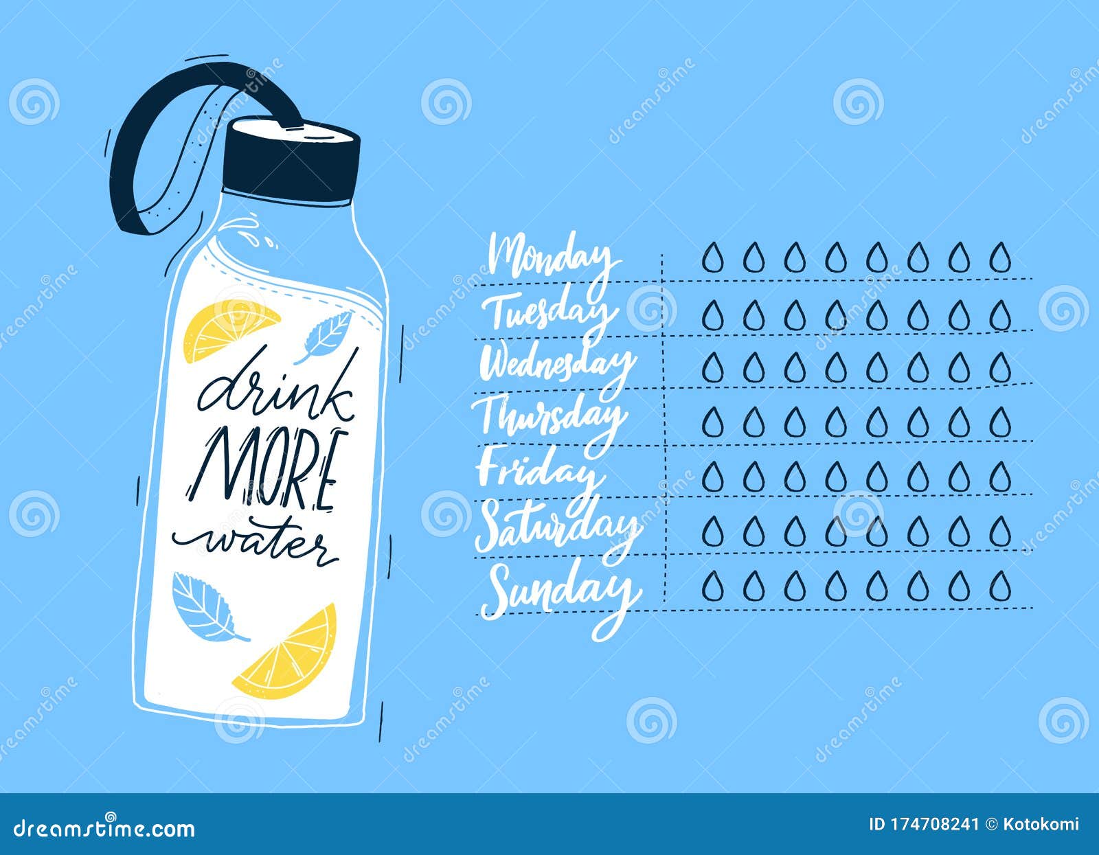 daily water tracker, handwritten days of week and checklist drops of water. reusable sport bottle  with