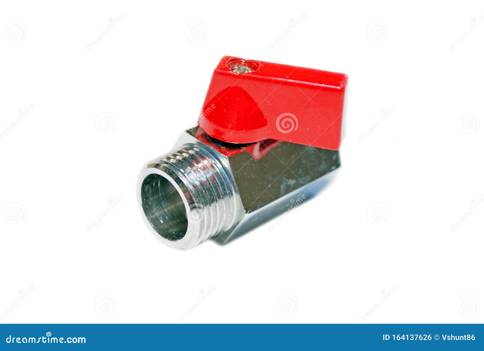 Water Valve with Red Flywheel with External and Internal Thread on White Background. Stock Photo