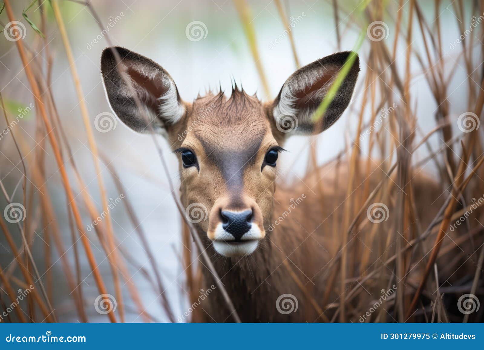 waterbuck calf hiding in riverine bush