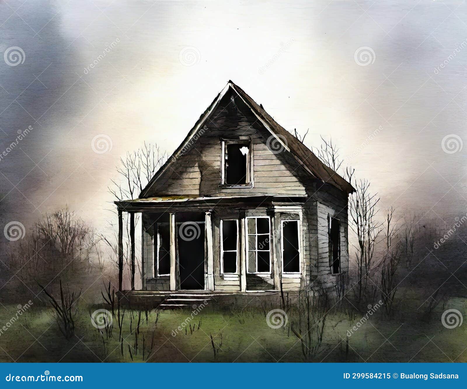 Watercolor of Abandoned Haunted House with Broken Created with Stock