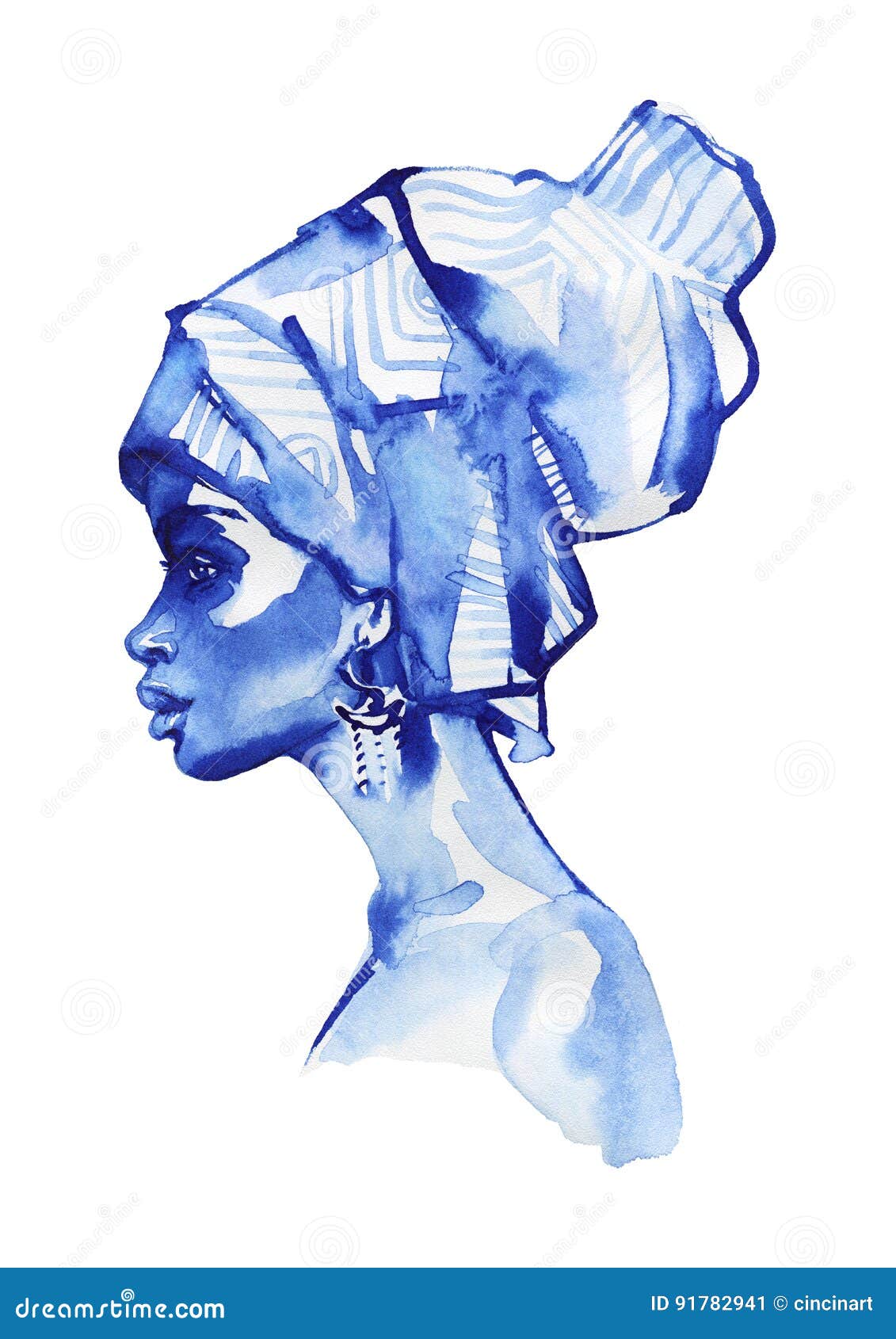 Watercolor African Woman Fashion Portrait Hand Drawn Beauty Girl On White Background Stock