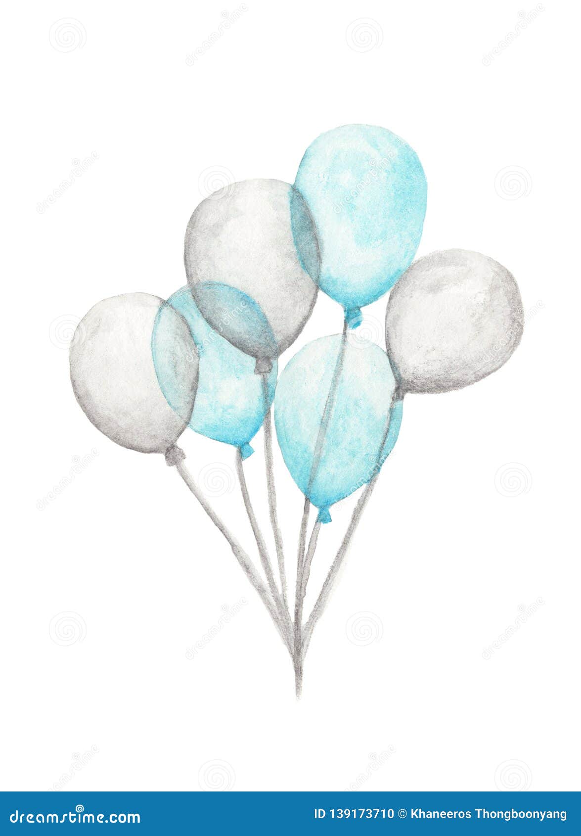 Download Watercolor Air Balloons. Hand Drawn Pack Of Party Blue And ...