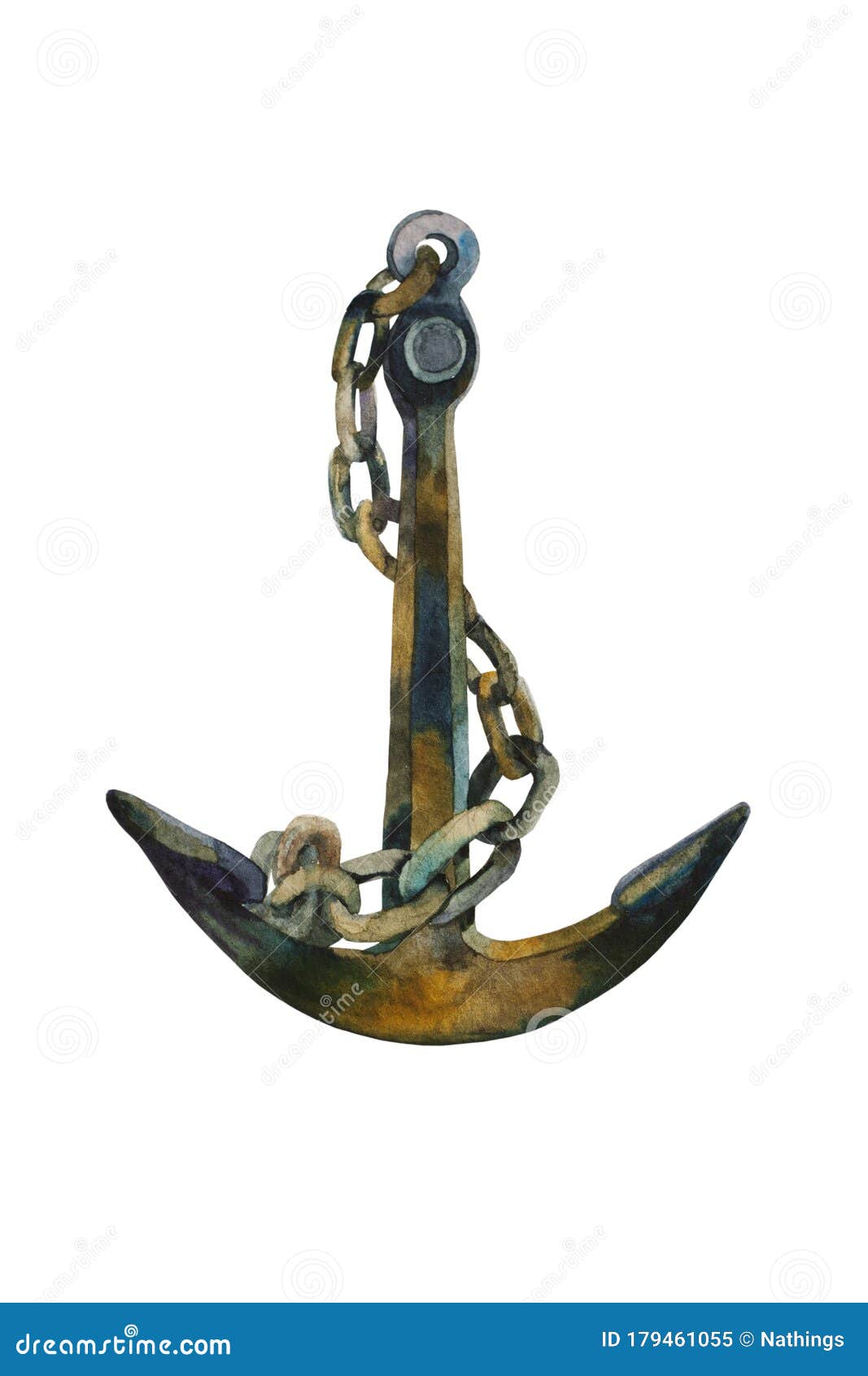 Watercolor Anchor with Rusty Chain Twisted Around it. Original Hand ...
