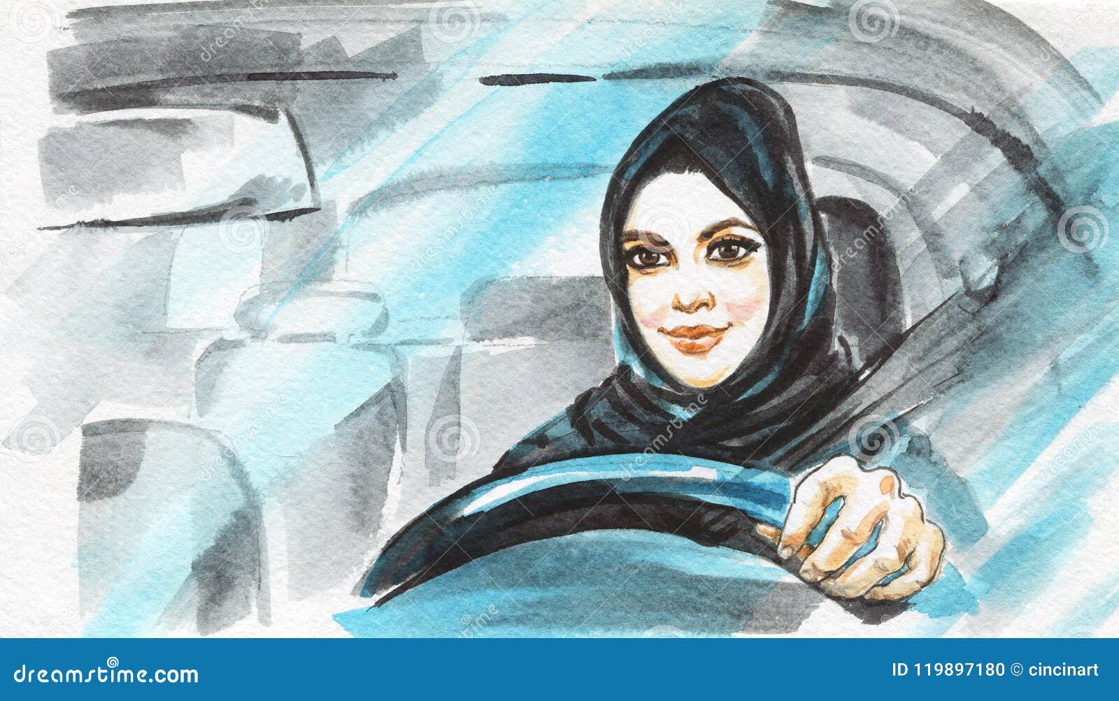Watercolor Arabian Woman Drive A Car Stock Illustration Illustration Of Arabian Face 119897180