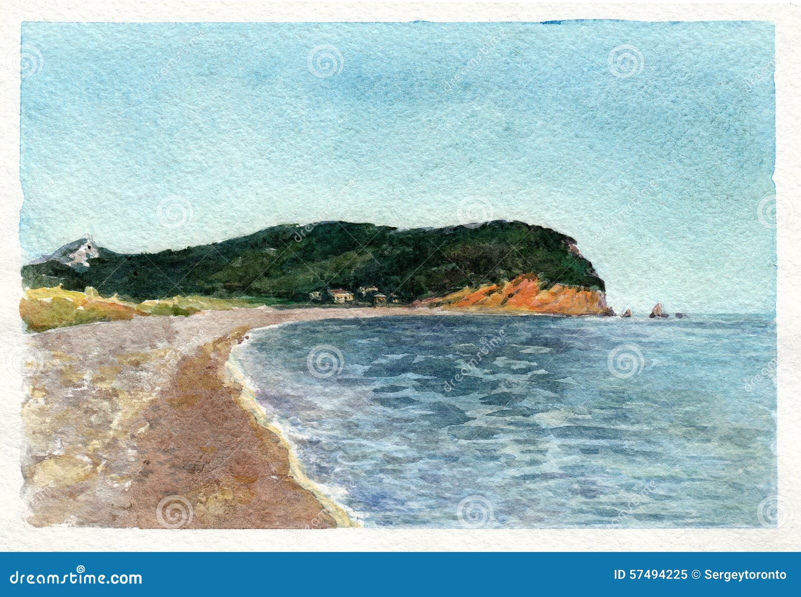 Watercolor Art Montenegro. Beach. Stock Image - Image Of Paint, Trees: 57494225