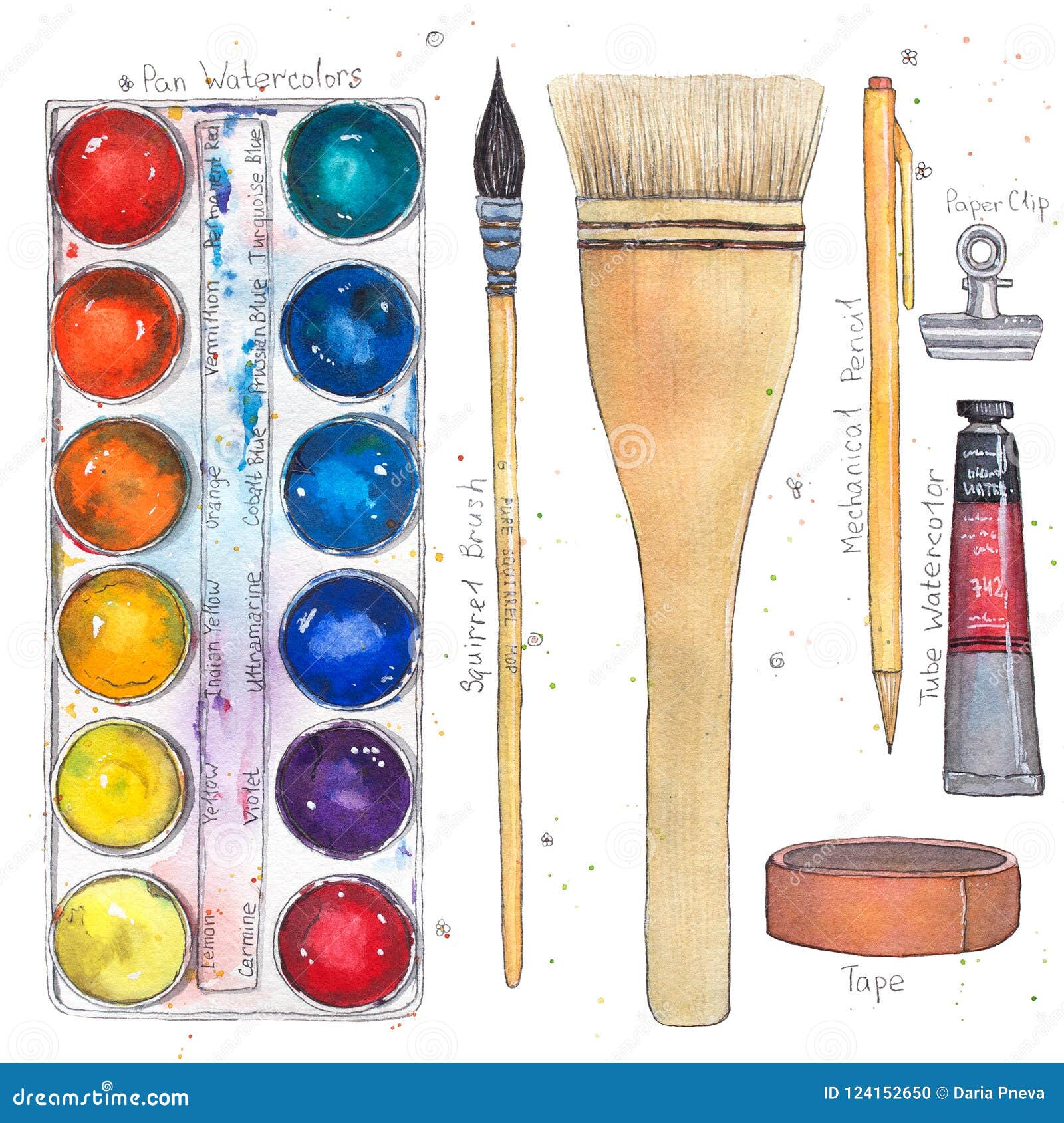 Watercolor Art Supplies Pallet, Brushes, Tape, Paper Clip, Mechanical Pencil, Tube. Stock Illustration - Illustration Of Mechanical, Creative: 124152650