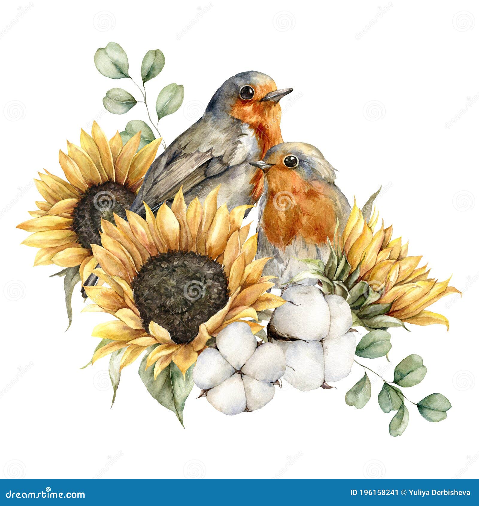Download Watercolor Autumn Bouquet With Redbreasts, Sunflowers ...