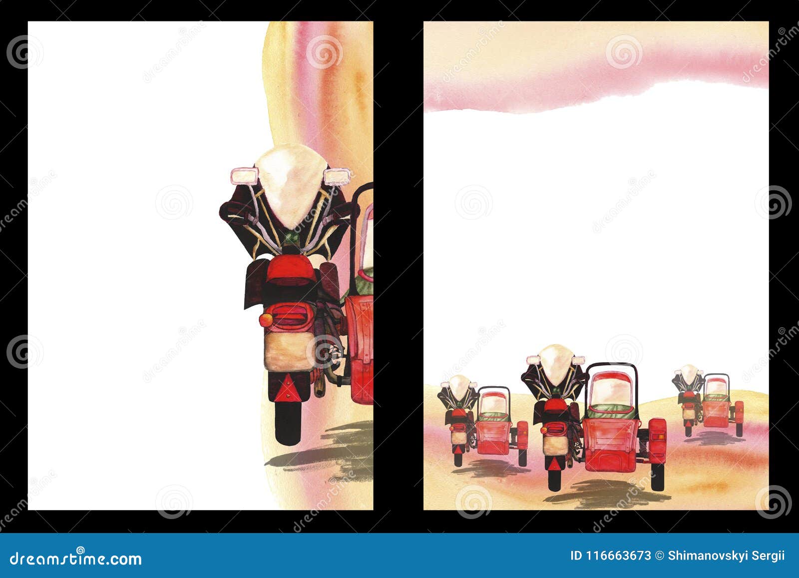 Watercolor Background With The Image Of A Motorcycle With Stroller