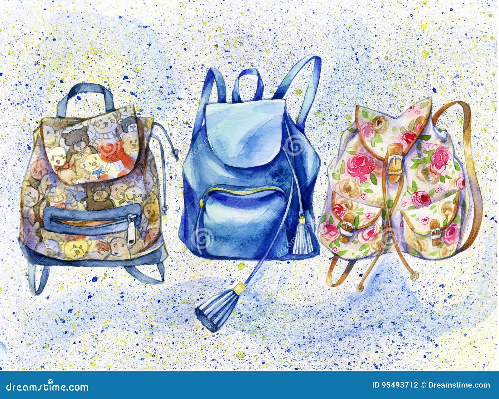 Watercolor Backpacks on Artistic Background Stock Illustration