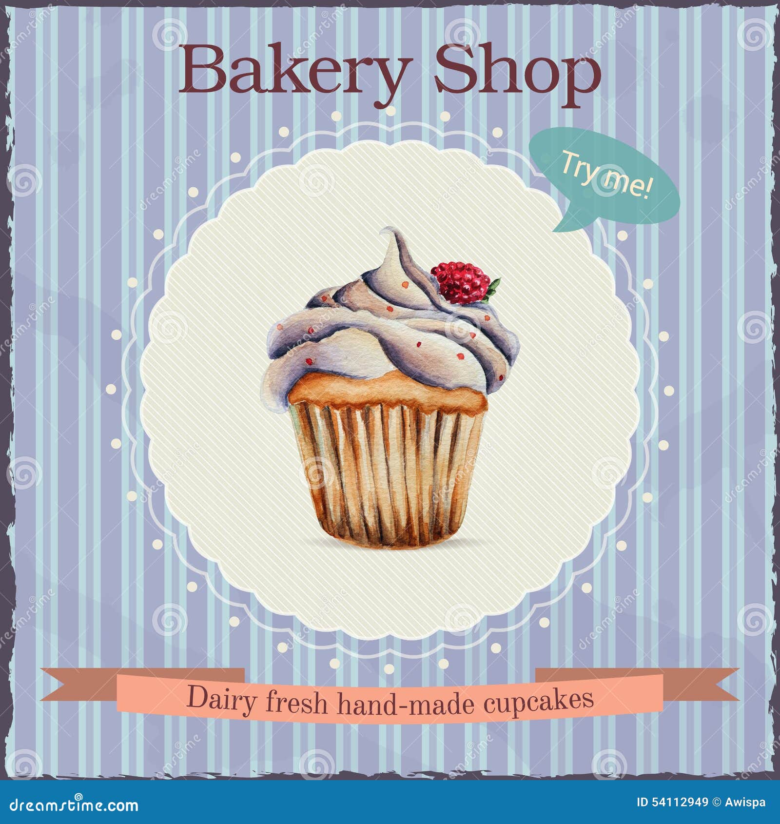 Watercolor Bakery Shop Advertisement with Cupcake Stock Vector