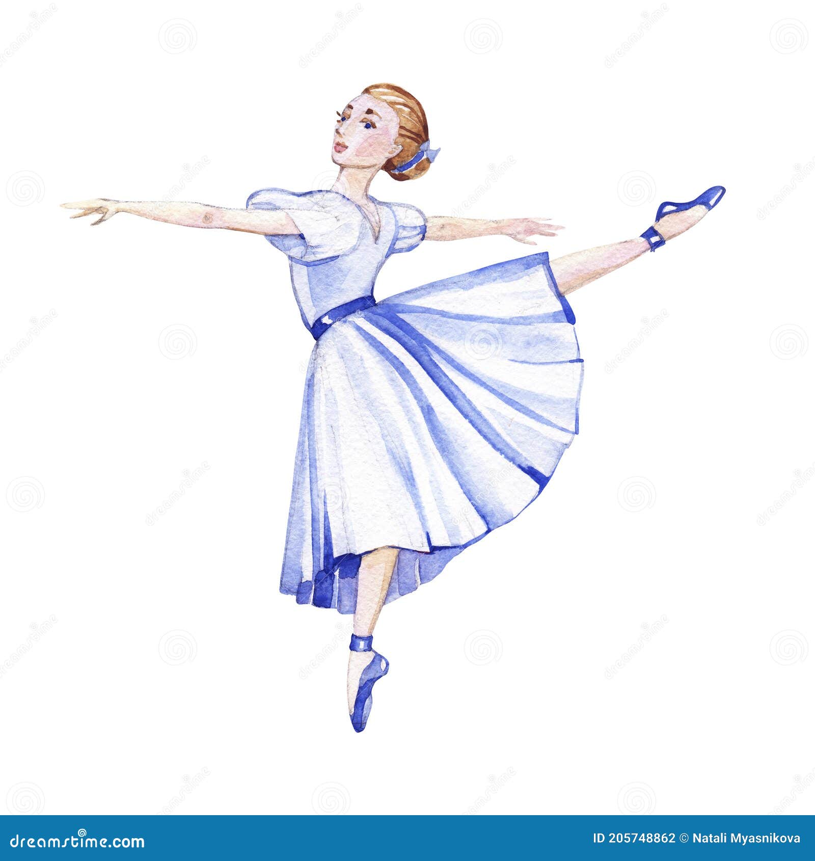 Watercolor Ballerina in Blue Dress Isolatedon White Background. Stock