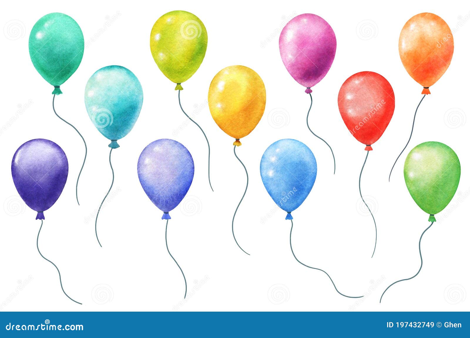 watercolor balloons on white. hand panted separate balloons with bright various colors