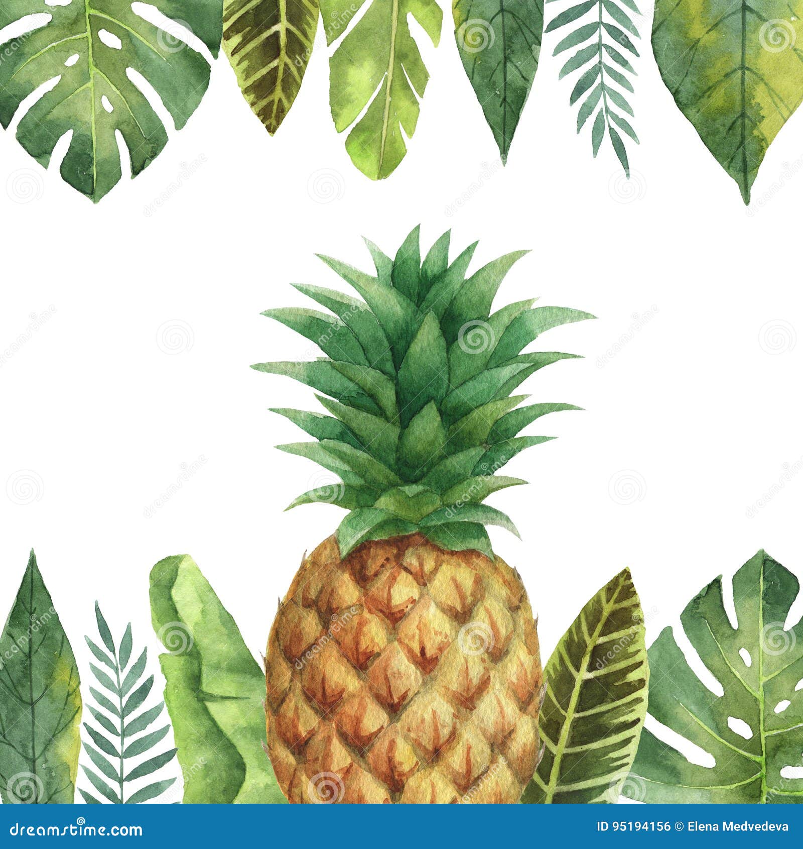 Watercolor Banner Tropical Leaves And Pineapple Isolated On White