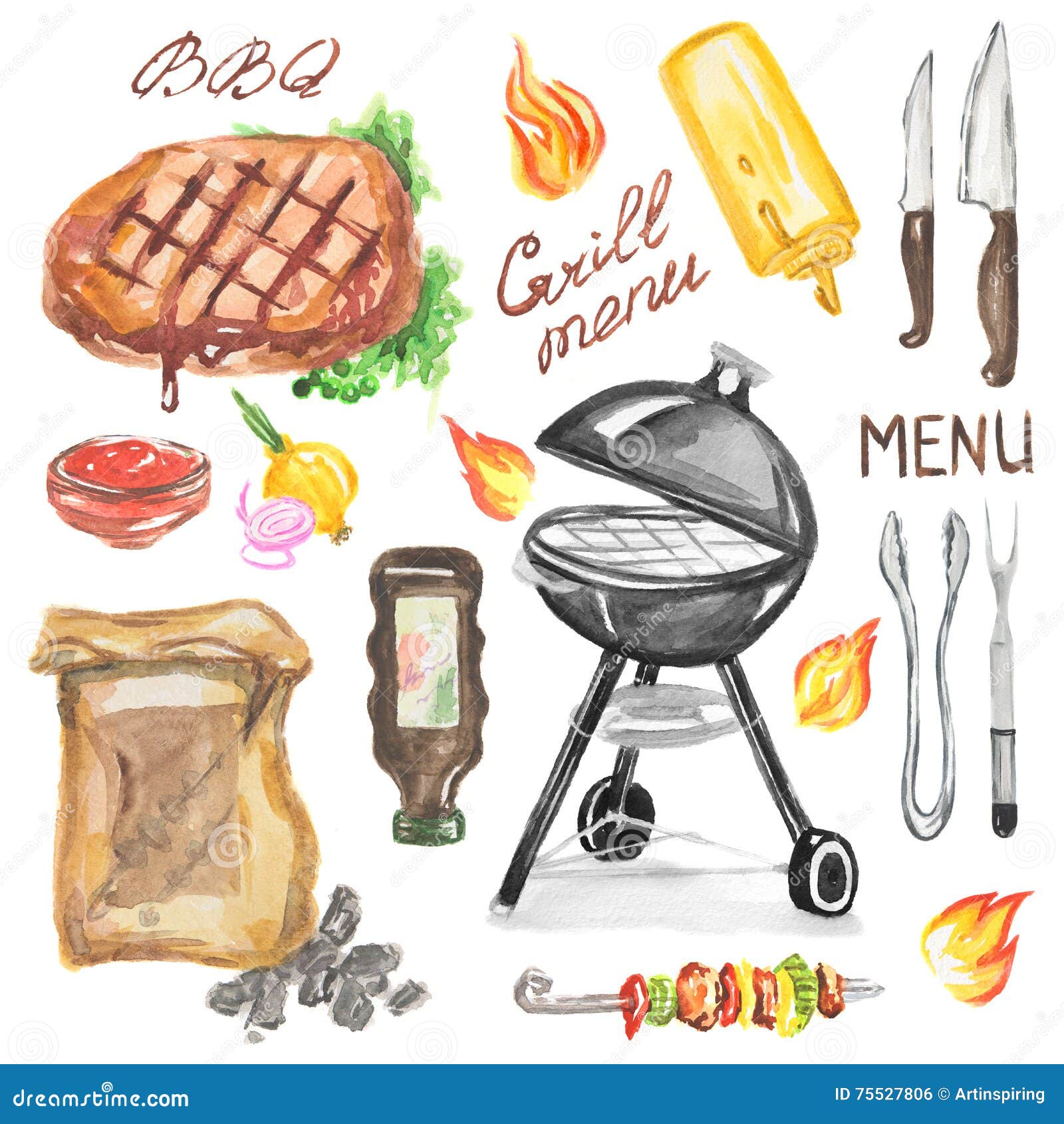Premium Vector  Cartoon barbecue equipment, outdoor bbq picnic elements.  grilled steak and vegetables, barbecued food for summer grill party vector  set. cooking tools and appliances, charcoal and meat