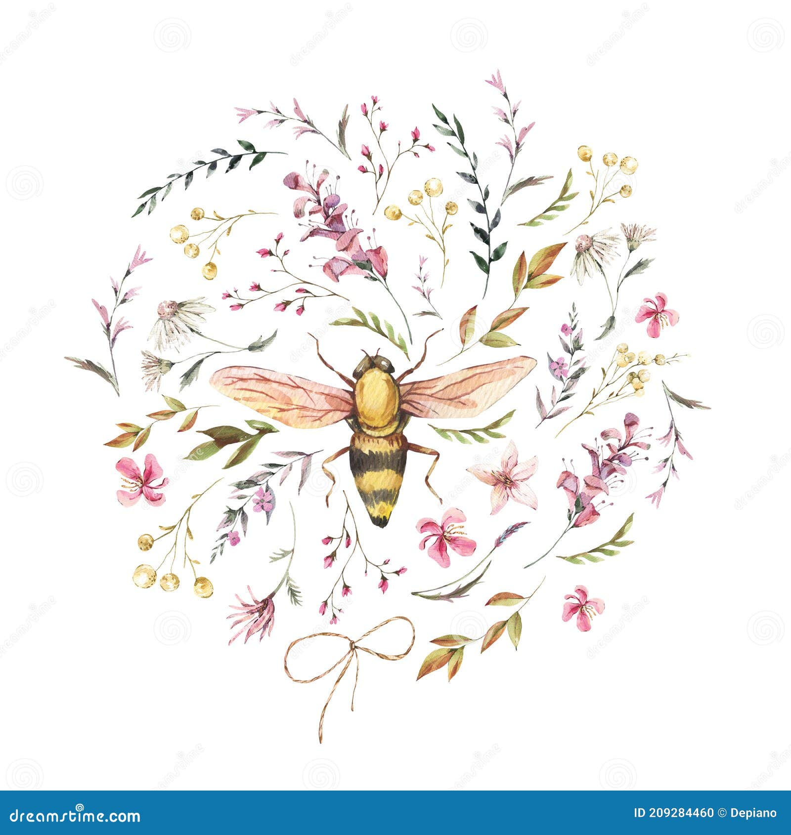 watercolor bee . vintage wildflowers wreath. natural botanical 
