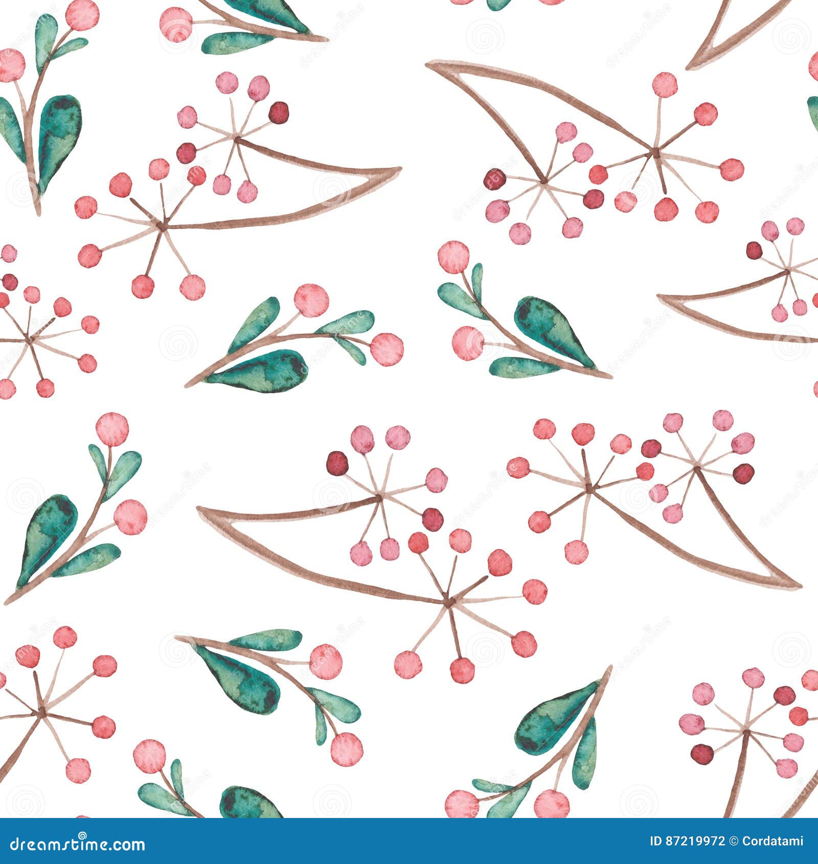Watercolor Berries and Emerald Leaves Seamless Pattern Stock