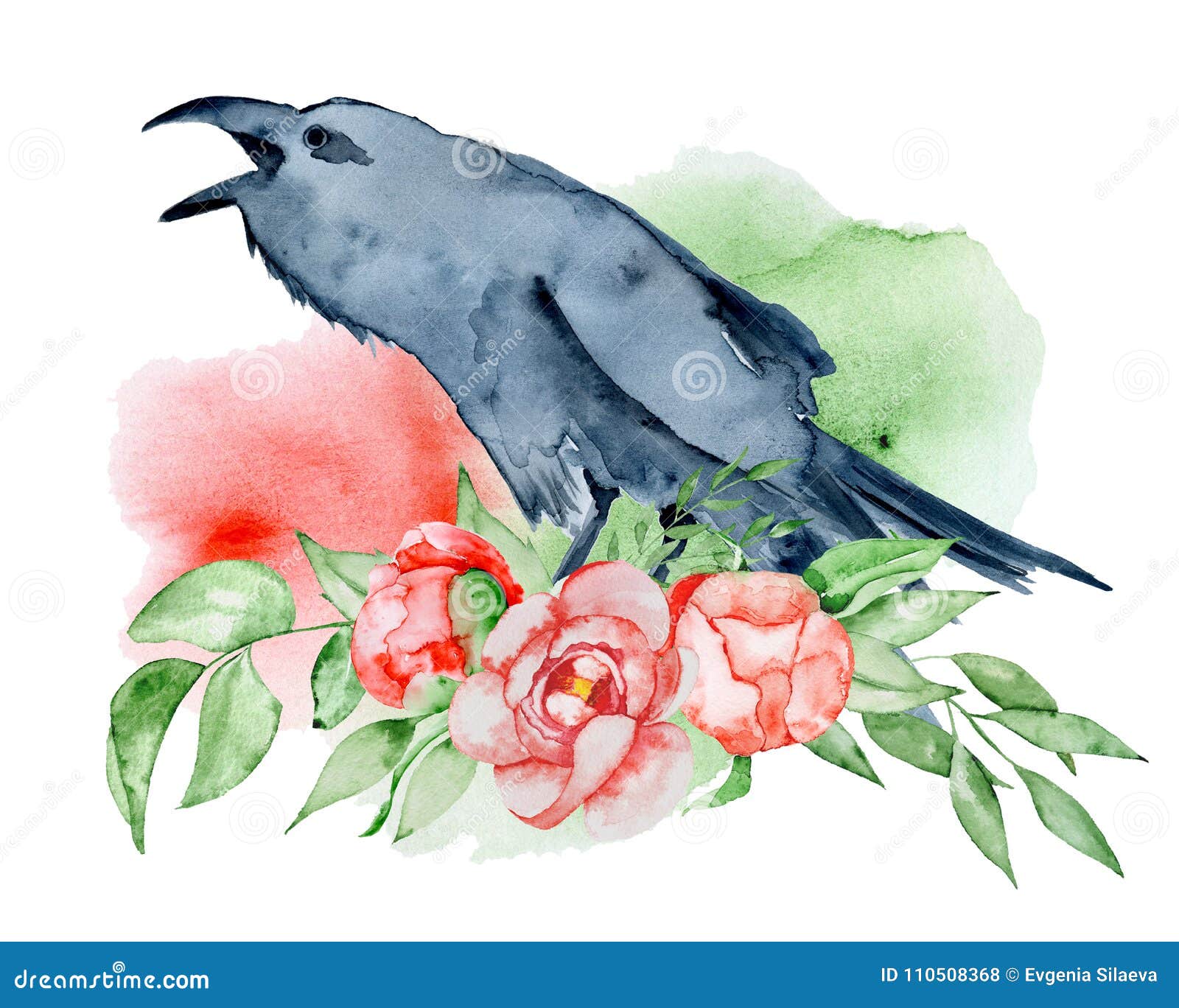 Watercolor Black Raven With Floral Peony Bouquet Hand Drawn Crow With