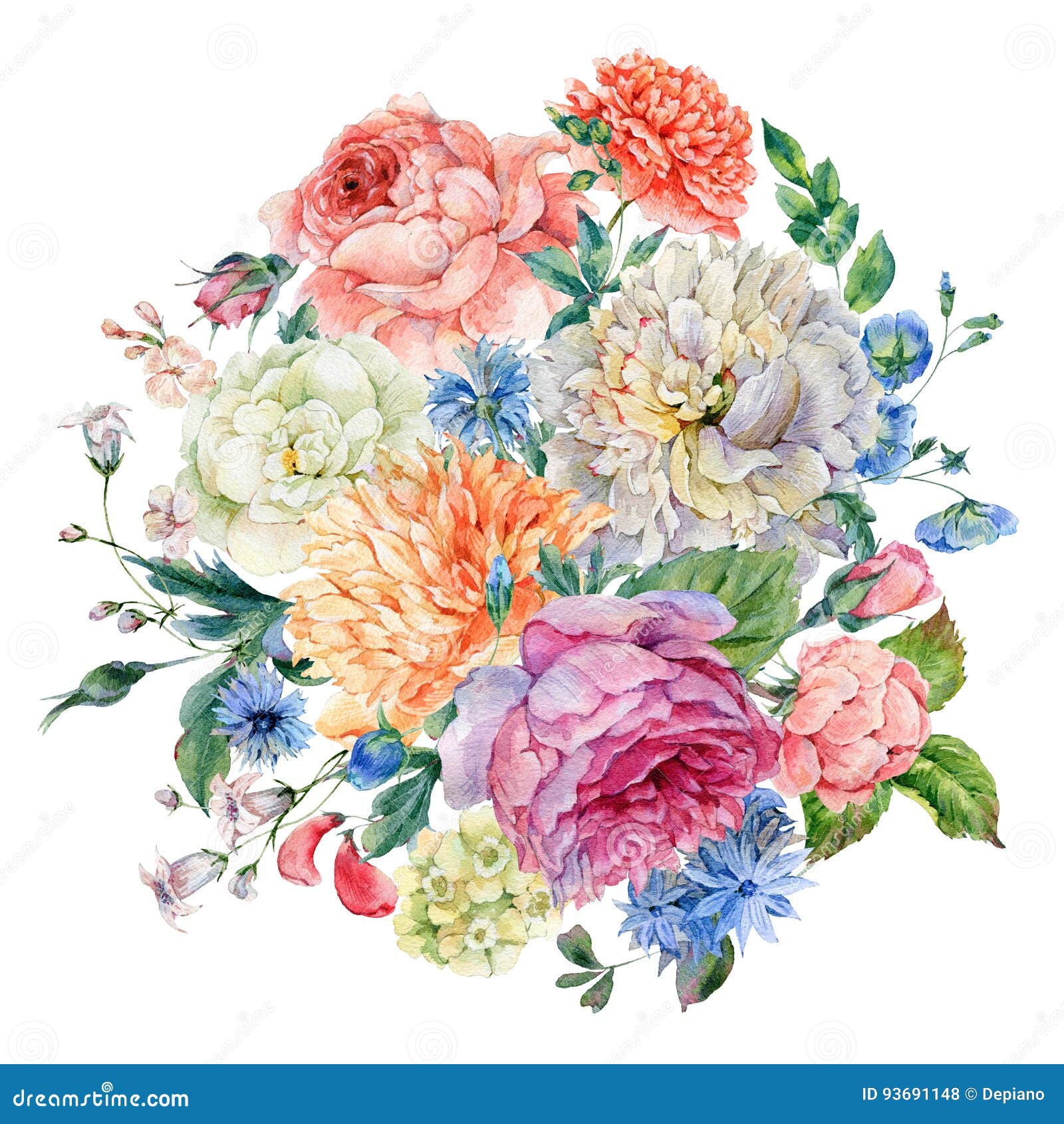 watercolor blooming peonies, rose and wildflowers