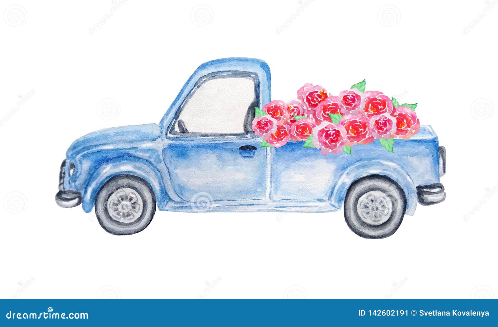 Download Watercolor Blue Car With Roses Stock Illustration ...